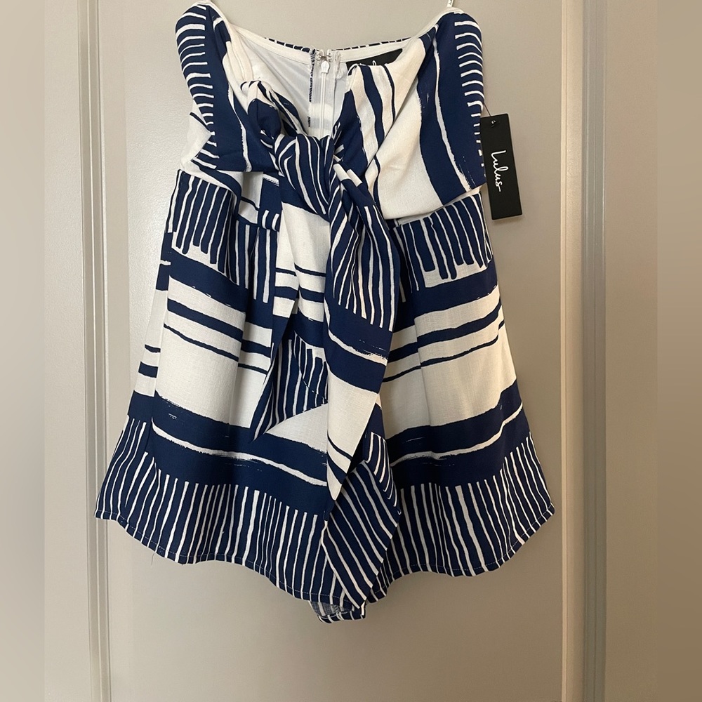 Lulus Blue and White Striped Tie-Front Strapless Romper - Picture 5 of 7